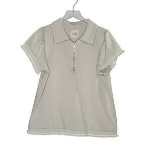 Umgee Frill Hem Half Zip Collared Blouse Top M Cream Short Sleeve Casual